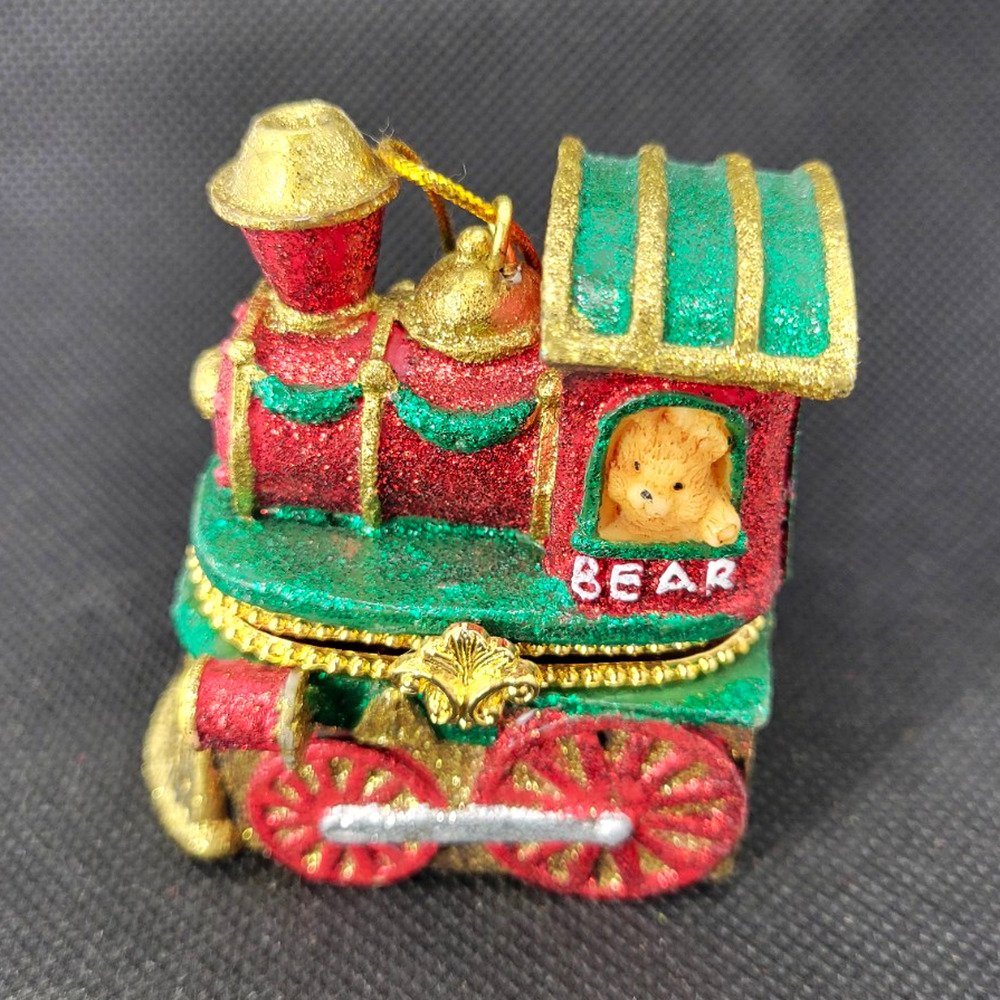 Small Metal Hinged Train Trinket Box w/ Bear Figure Red Green Gold